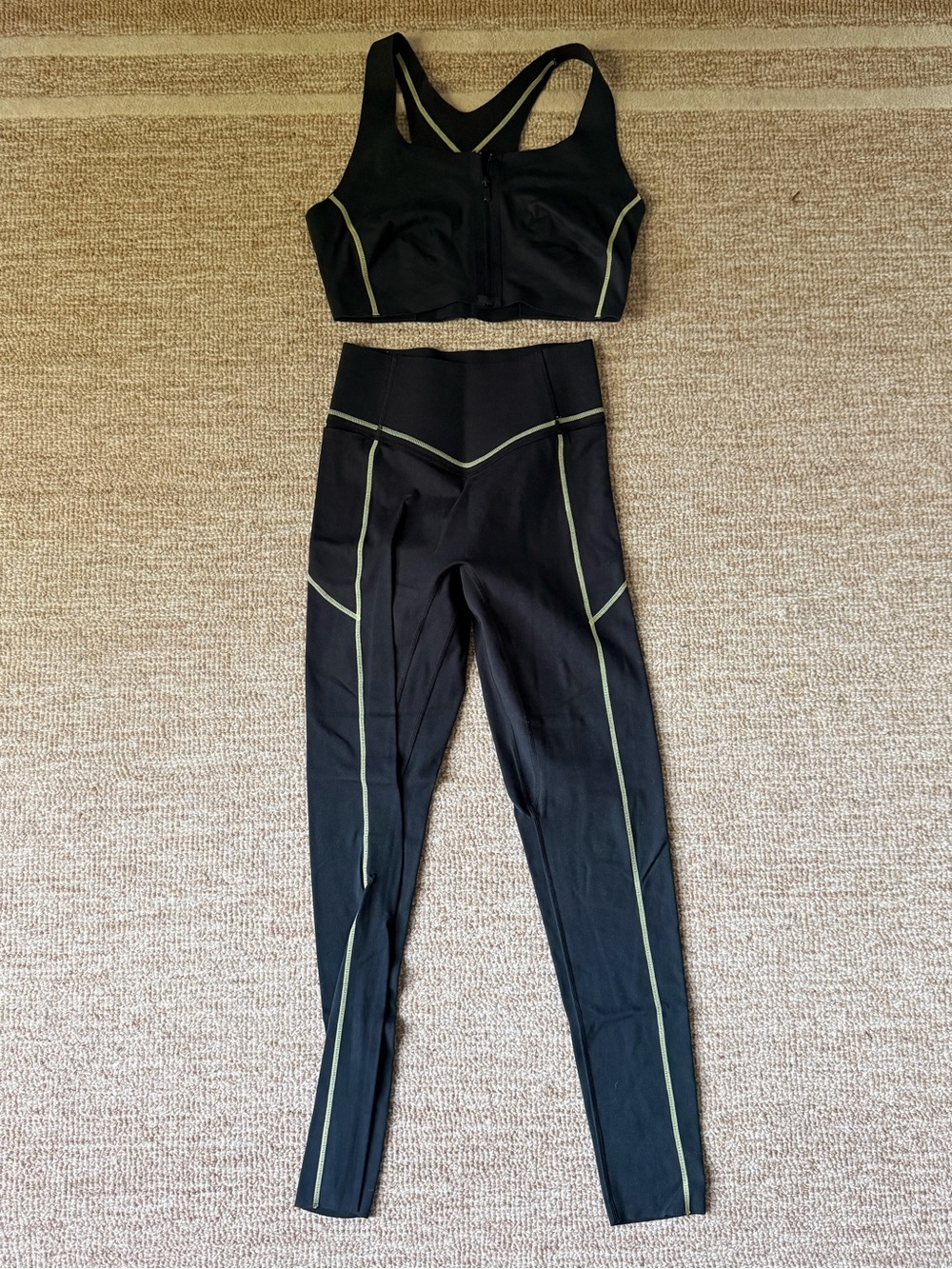 High-Rise Black Leggings with Olive Contrast Seams